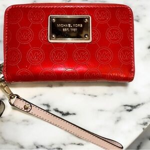 Michael Kors Red/Tangerine Logo Wristlet with Tan Leather Strap